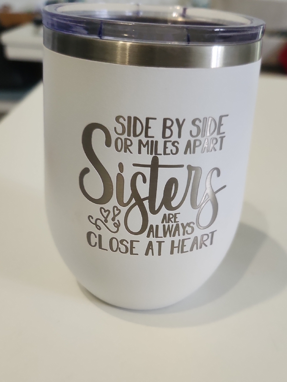 White 'Sisters' Insulated Wine Tumbler with Script